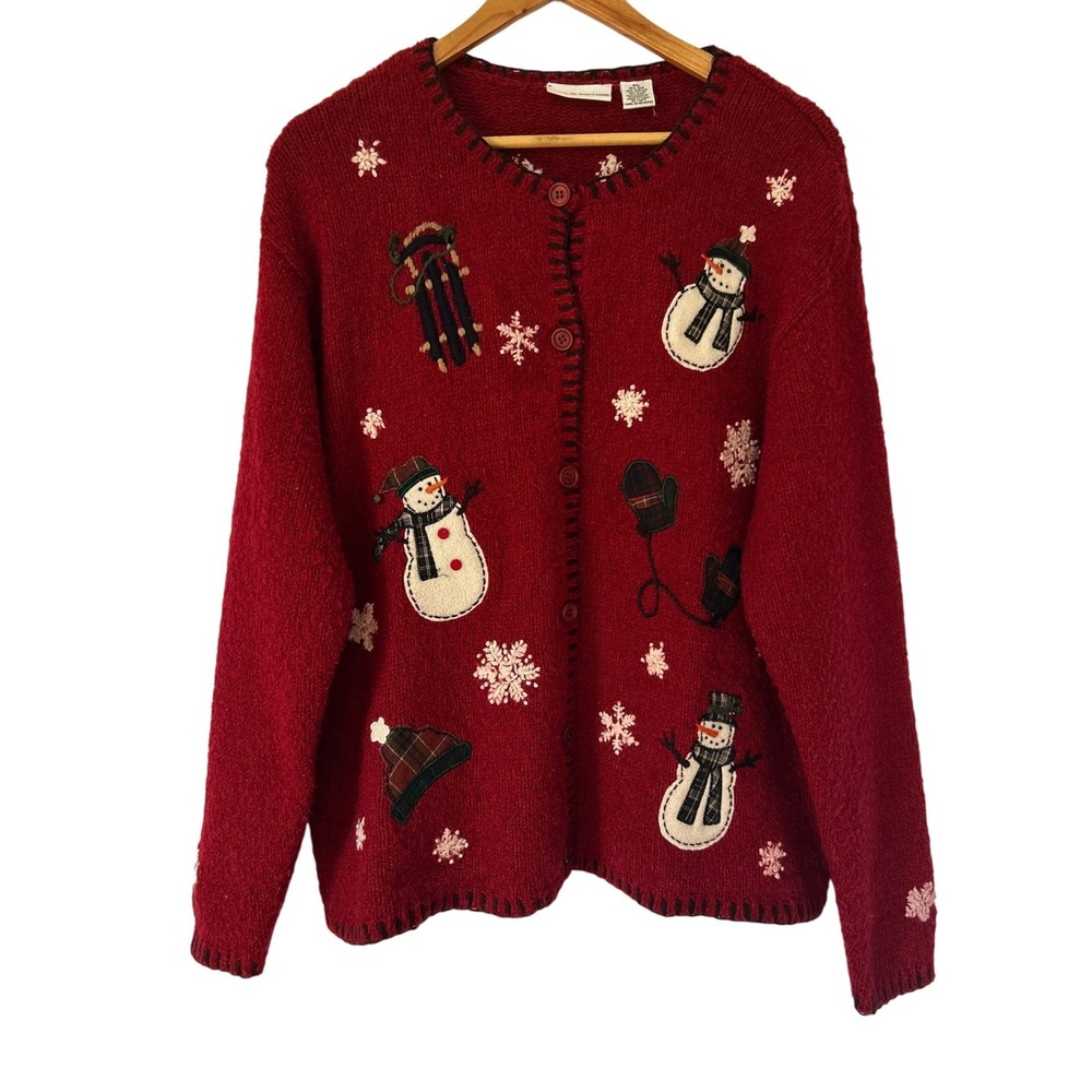 Vintage Croft & Barrow Christmas Cardigan XL Silk Wool Snowman Sweater 90s Y2K